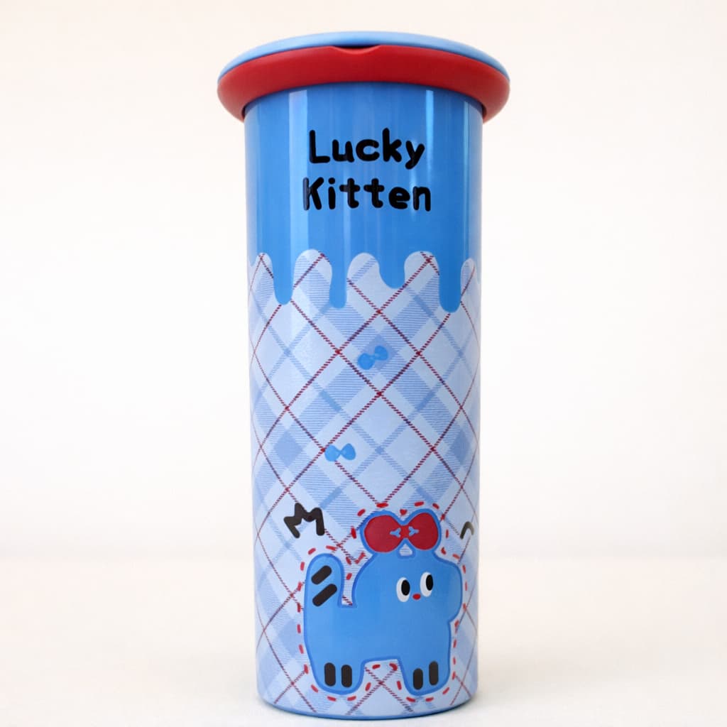 Blue insulated bottle with colorful Lucky Kitten UV 3D printed design on a soft light