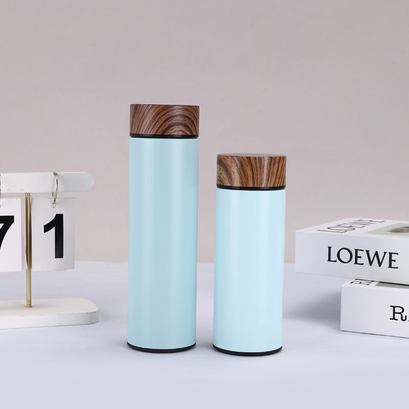 Straight body stainless steel vacuum bottle with wood grain lid, 350ml and 500ml sizes