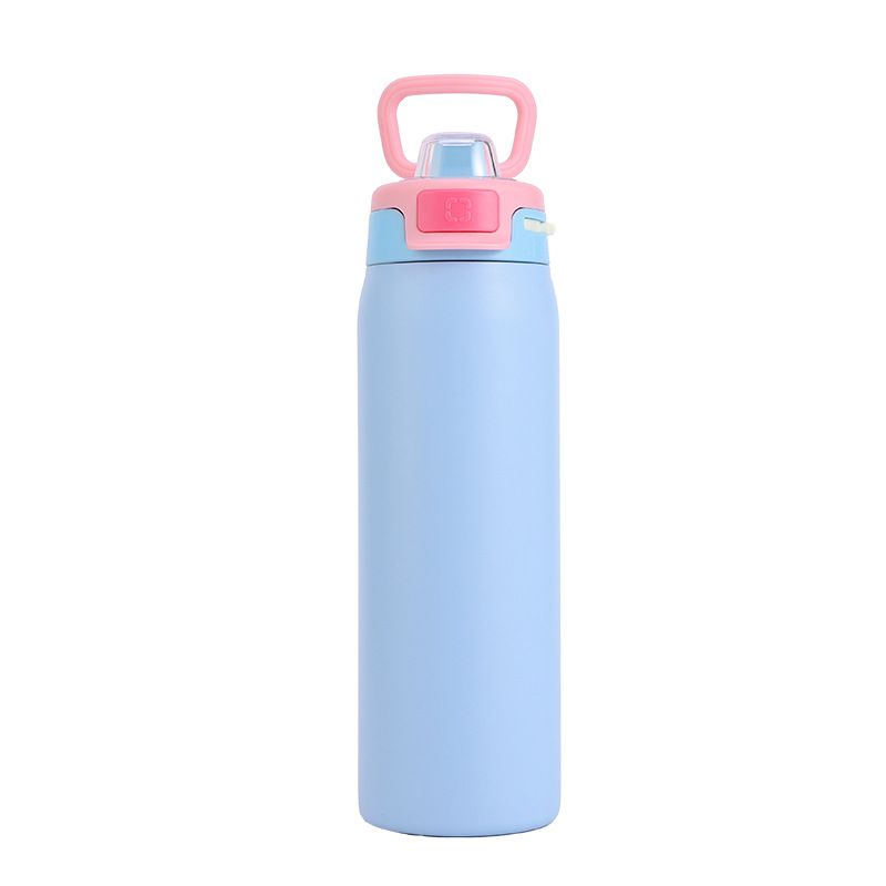 Sky blue stainless steel insulated bottle with lockable pop-up straw lid