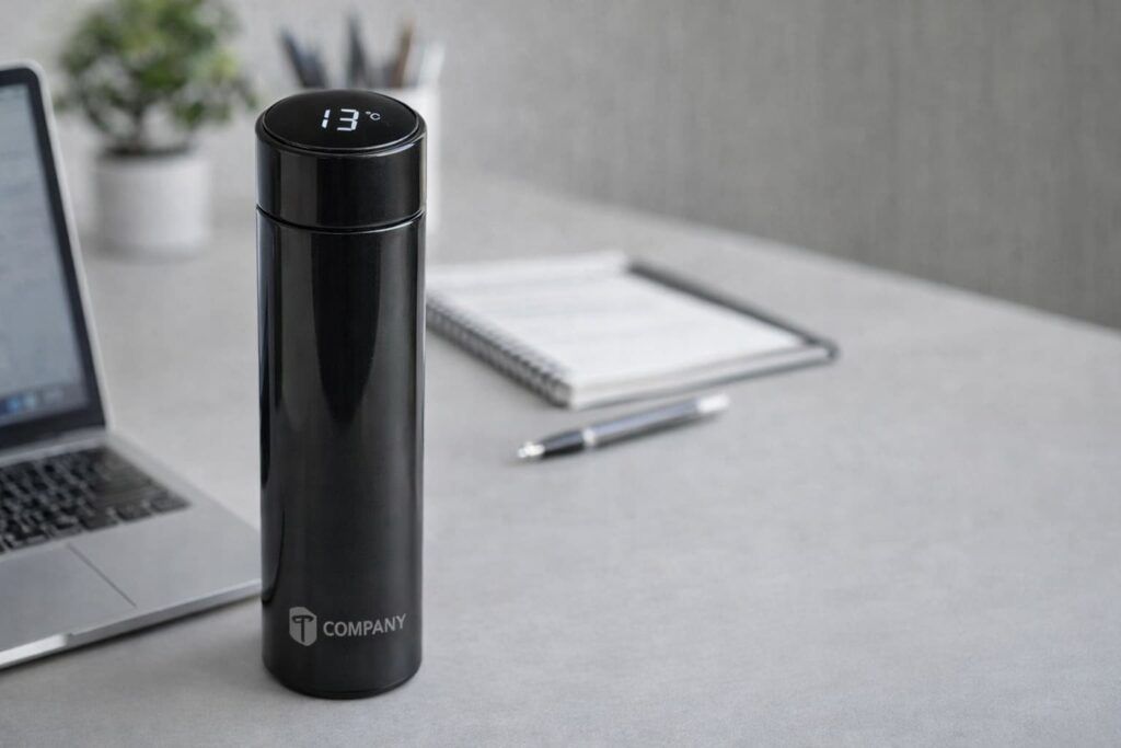 Black smart temperature display tumbler with laser engraved company logo on an office desk