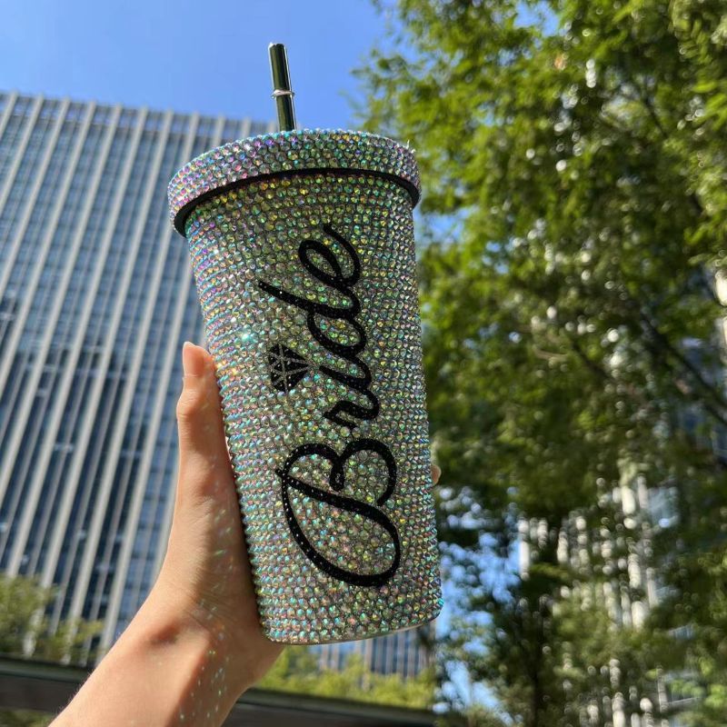 12oz rhinestone stainless steel insulated tumbler with removable straw and round lid opening