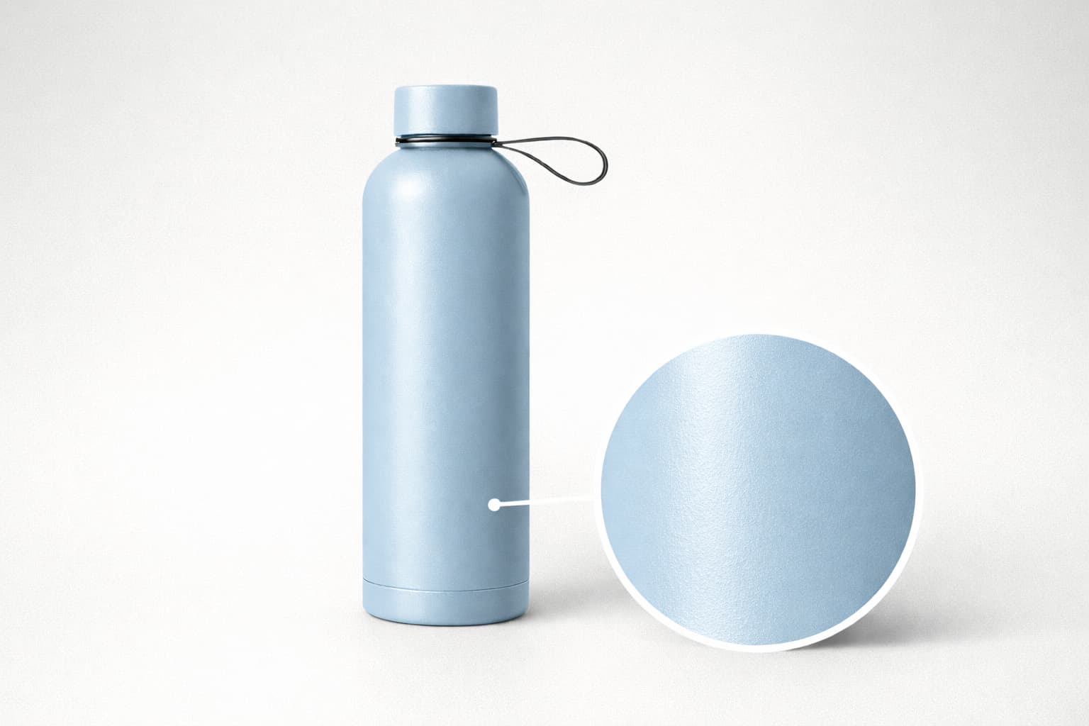 Solid color spray painted stainless steel insulated water bottle in light blue, showing smooth painted surface with close-up finish detail.