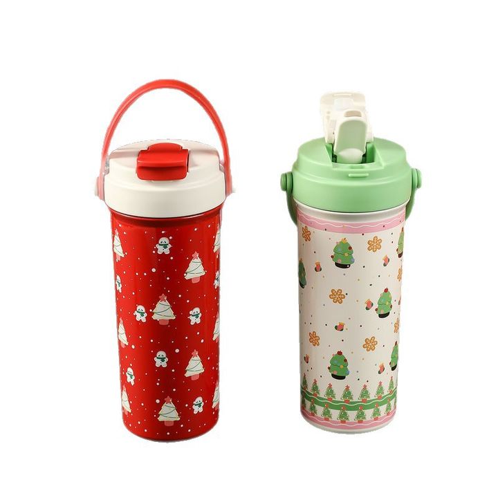 Christmas insulated tumbler with handle and green lid featuring Christmas tree UV printed pattern