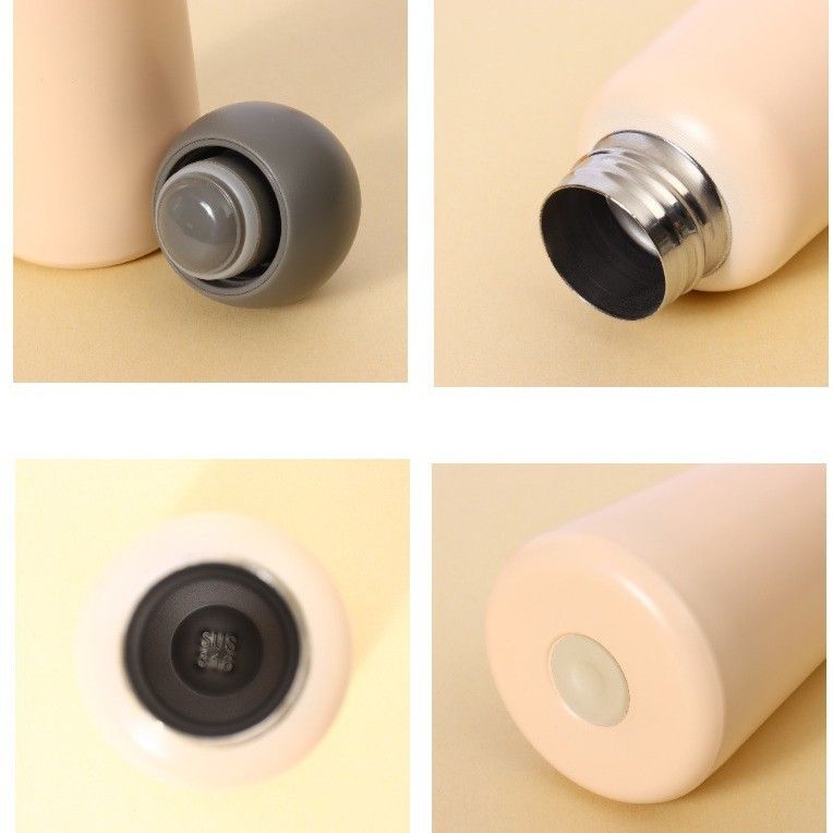 350ml stainless steel insulated bottle detail showing cap structure, stainless steel opening, inner stopper, and bottom design
