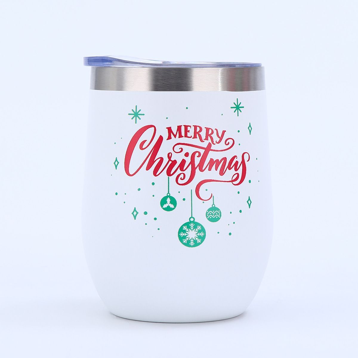 White 12oz Christmas egg tumbler with red and green Merry Christmas ornament print