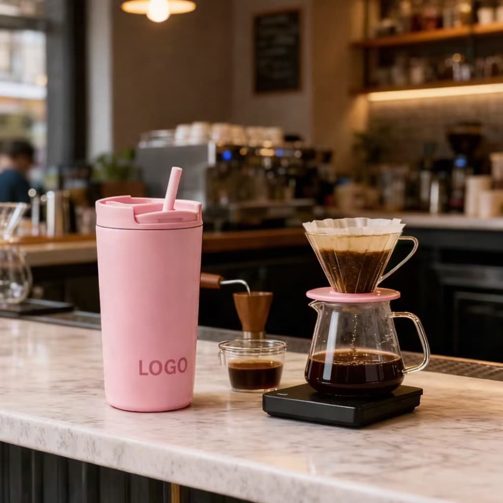 Pink insulated straw tumbler in a café scene beside pour-over coffee, “LOGO” print