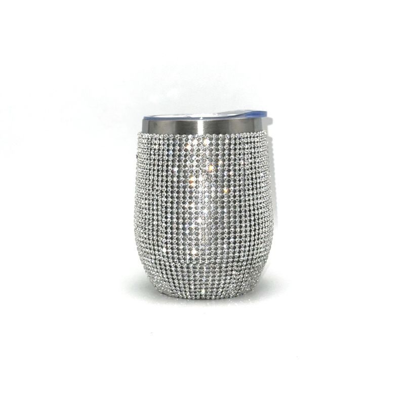 12oz resin rhinestone double wall stainless steel insulated tumbler, egg shape silver