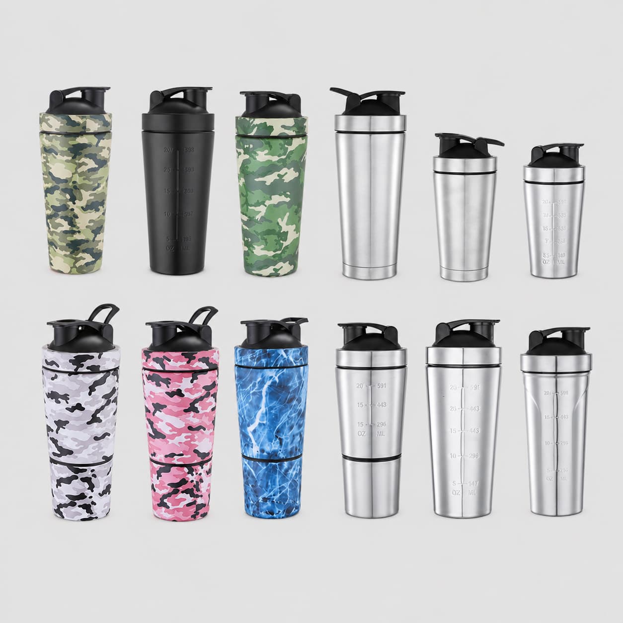 Stainless steel shaker bottles in multiple capacities and surface finishes