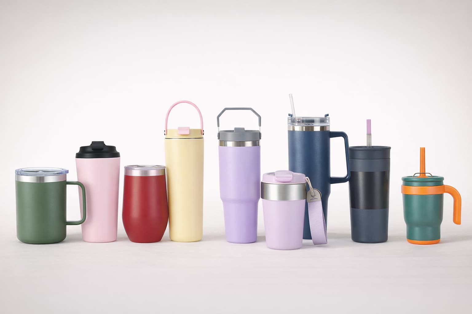 Assorted stainless steel insulated tumblers and mugs with multiple lid styles for OEM and private label manufacturing