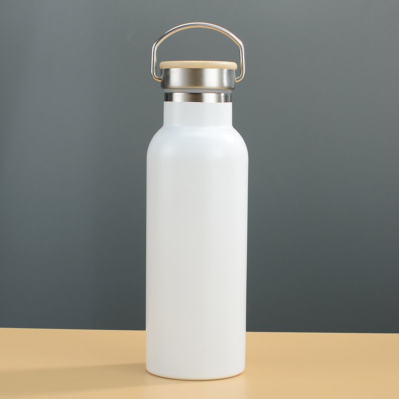 White vacuum insulated stainless steel bottle with wooden lid for wholesale