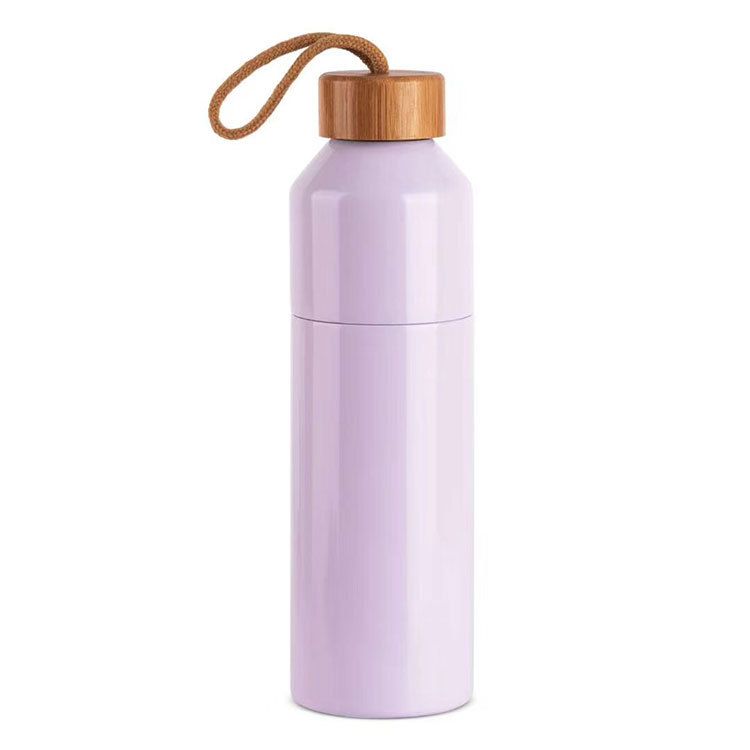 Detachable stainless steel insulated bottle with wooden lid, full product view