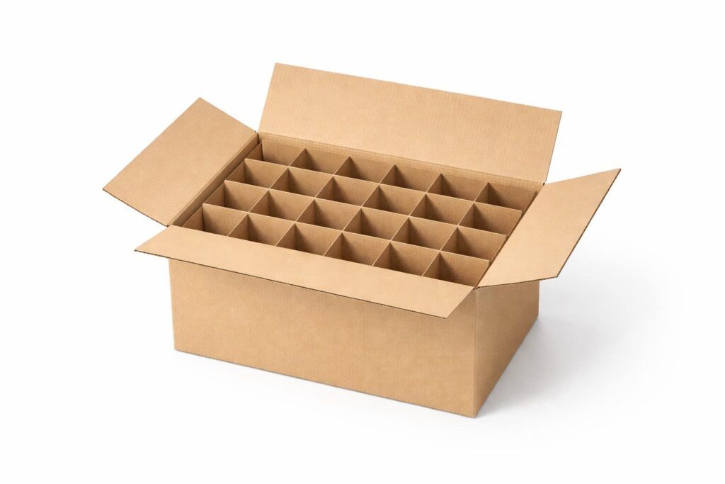 Kraft paper carton with grid divider insert for bulk shipping of stainless steel drinkware