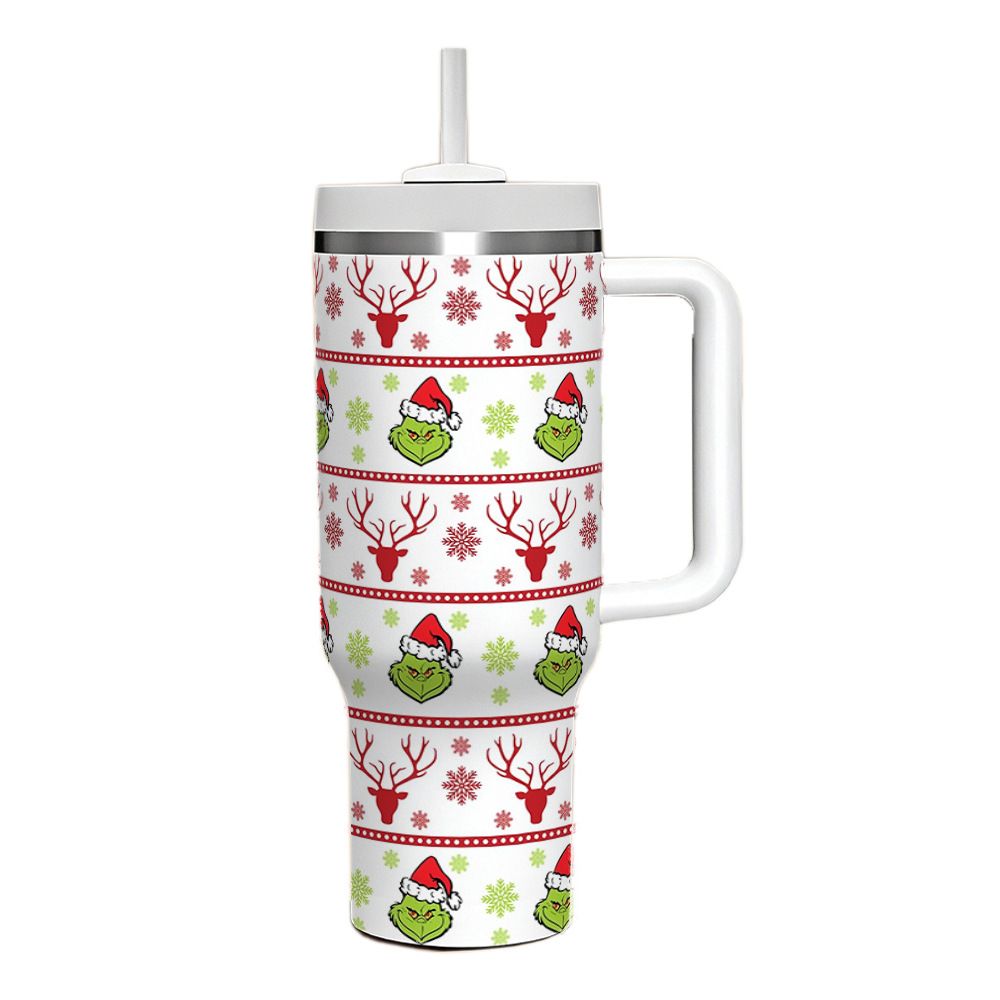 White 40oz Christmas tumbler with handle and repeating holiday character snowflake pattern