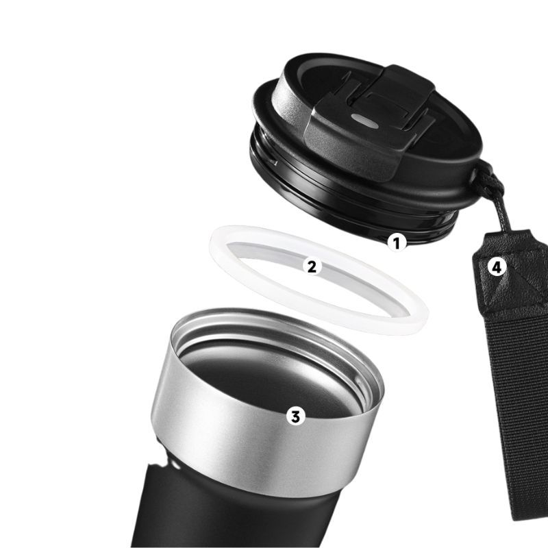 Coffee tumbler components separated showing lid, straw, and stainless body