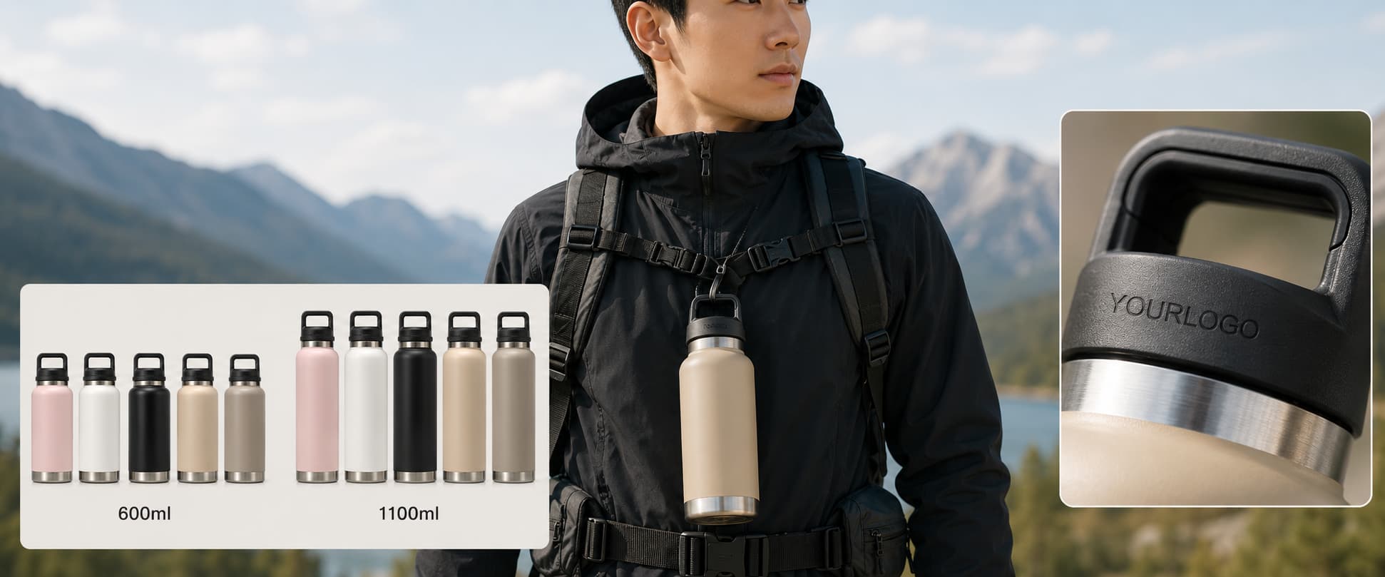 Backpack-friendly insulated bottle project for a Korean sports brand outdoor lifestyle campaign