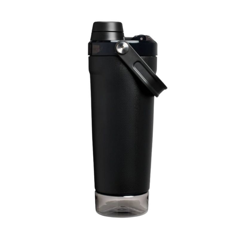 insulated protein shaker bottle black with straw handle