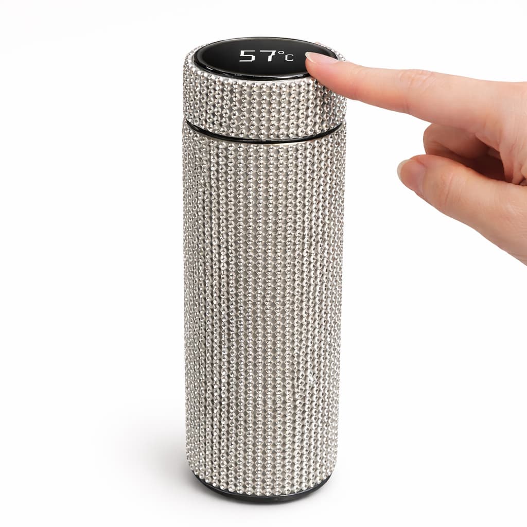 Rhinestone smart insulated water bottle with touch temperature display lid