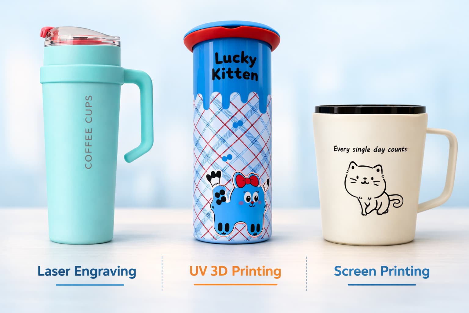 Laser engraving vs UV 3D printing vs screen printing comparison image showing three cu