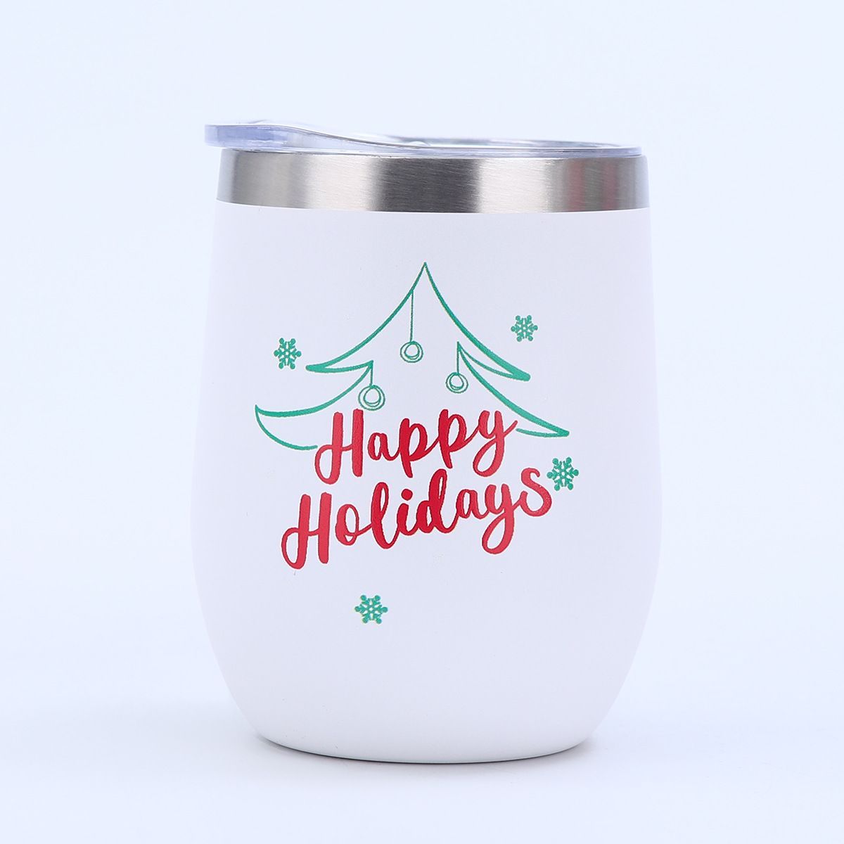 White 12oz egg shaped tumbler with Happy Holidays Christmas tree UV print