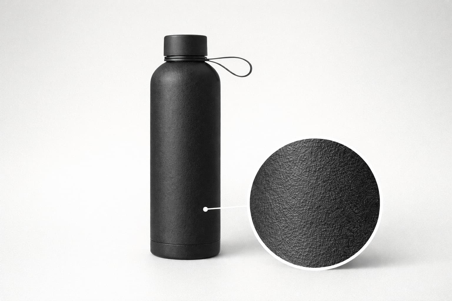Textured powder coated stainless steel insulated water bottle with fine-grain anti-slip surface, shown with close-up texture detail.