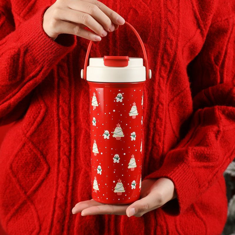 Red 600ml Christmas insulated tumbler with handle and full-body tree snowman UV printed design