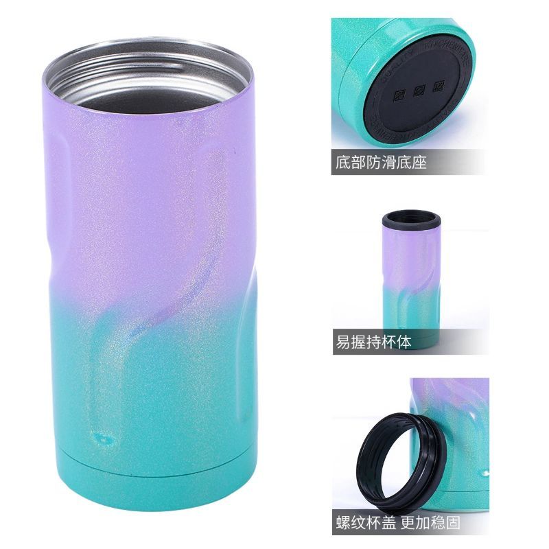 Close-up of 12oz stainless steel dual-lid insulated can cooler details