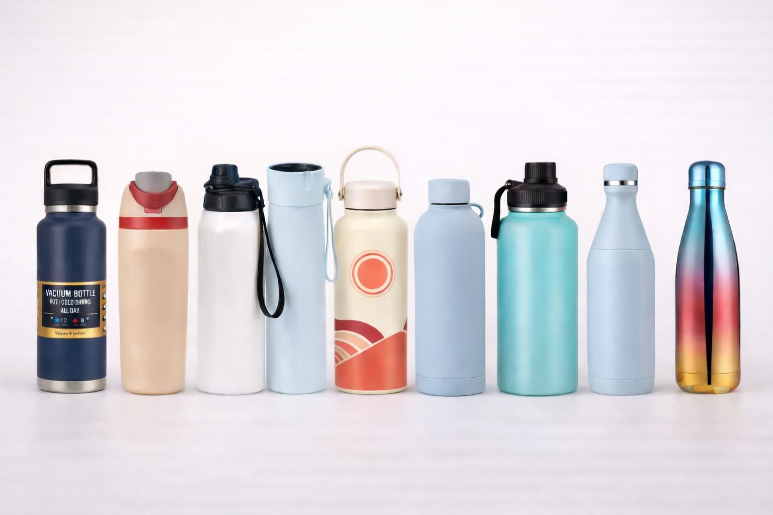 Assorted stainless steel insulated water bottles with multiple lid styles and finishes for OEM and private label manufacturing