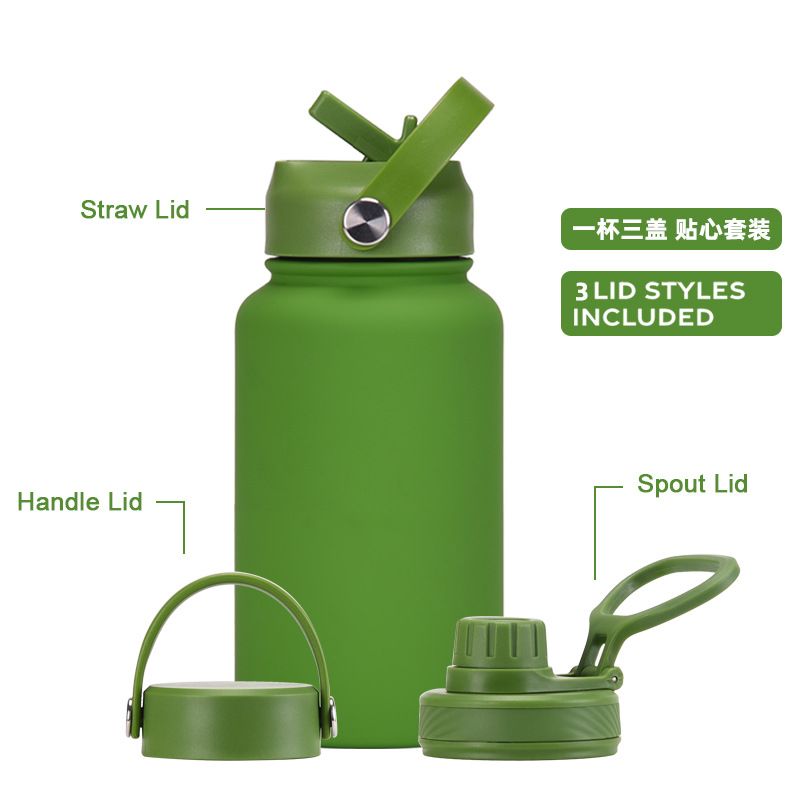 Detail view of multi-lid stainless steel water bottle – leakproof and easy to carry