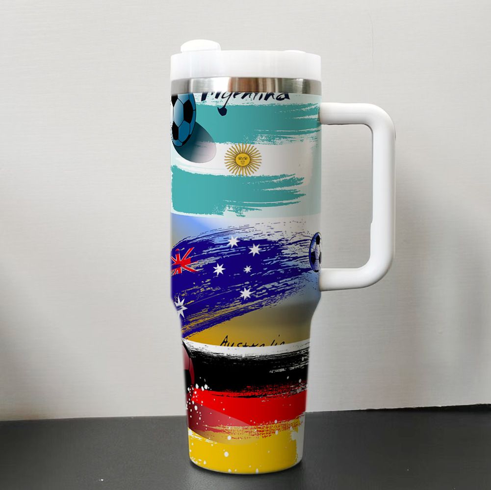 custom world cup football flag design on 40oz insulated tumbler with handle