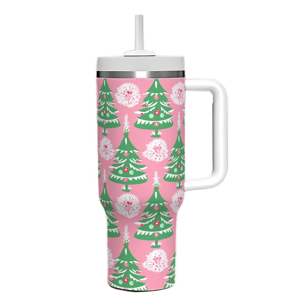 Pink 40oz Christmas tumbler with handle and green Christmas tree UV printed pattern