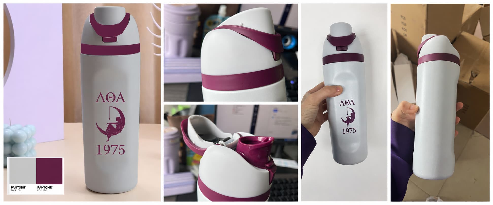 Custom 32oz FreeSip-style sorority water bottle with Pantone-matched maroon lid details, single-side UV Lambda Theta Alpha logo, and real lid close-up photos