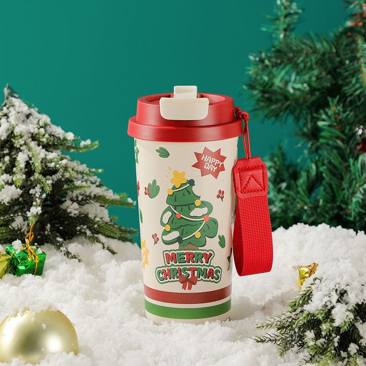 17oz Christmas coffee tumbler with red lid and Christmas tree UV printed artwork