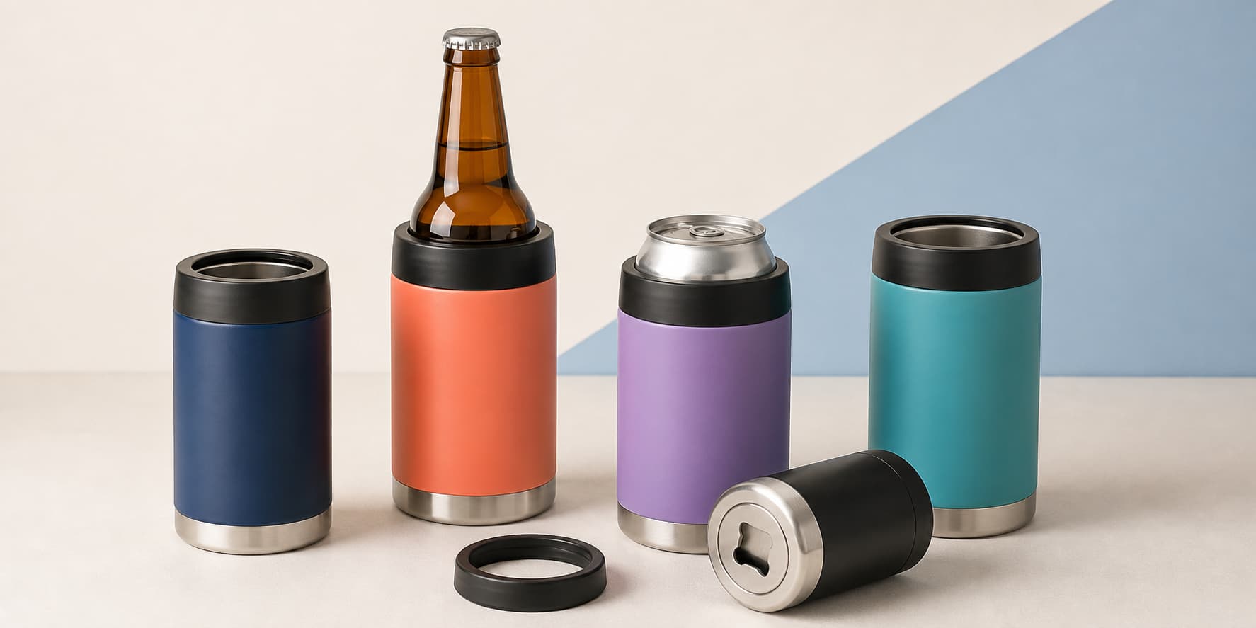1. Multi-lid stainless steel can coolers for cans and bottles in four colours