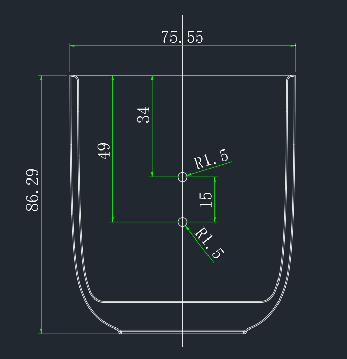 Example CAD drawing with dimensions for bottle body and components