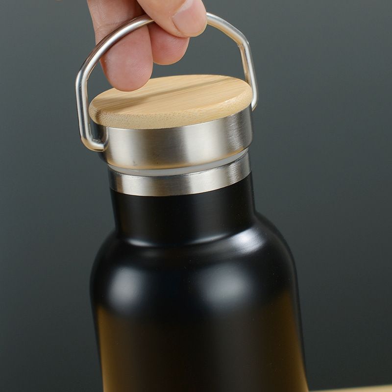 Wooden lid with metal handle for vacuum insulated stainless steel bottle