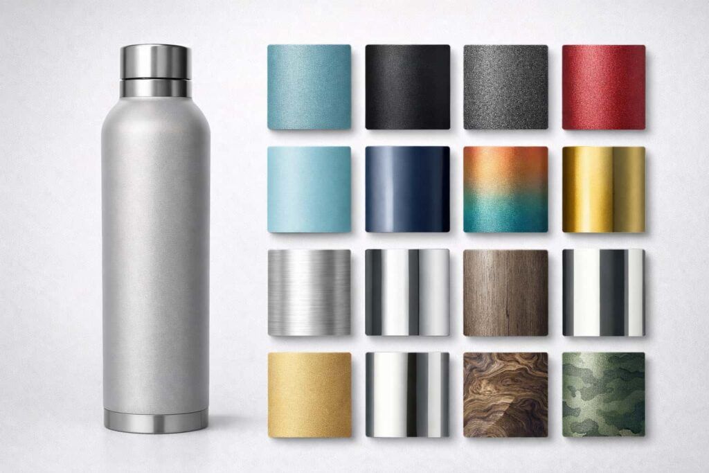 Overview of surface finishing options for stainless steel drinkware, showing a bottle example alongside multiple coating and texture finish samples.
