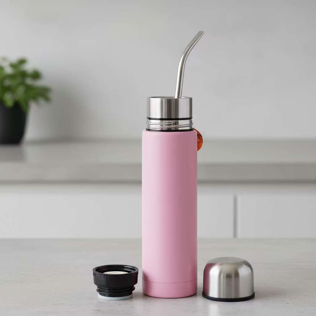 Pink mate travel flask with metal straw and stainless steel cup lid