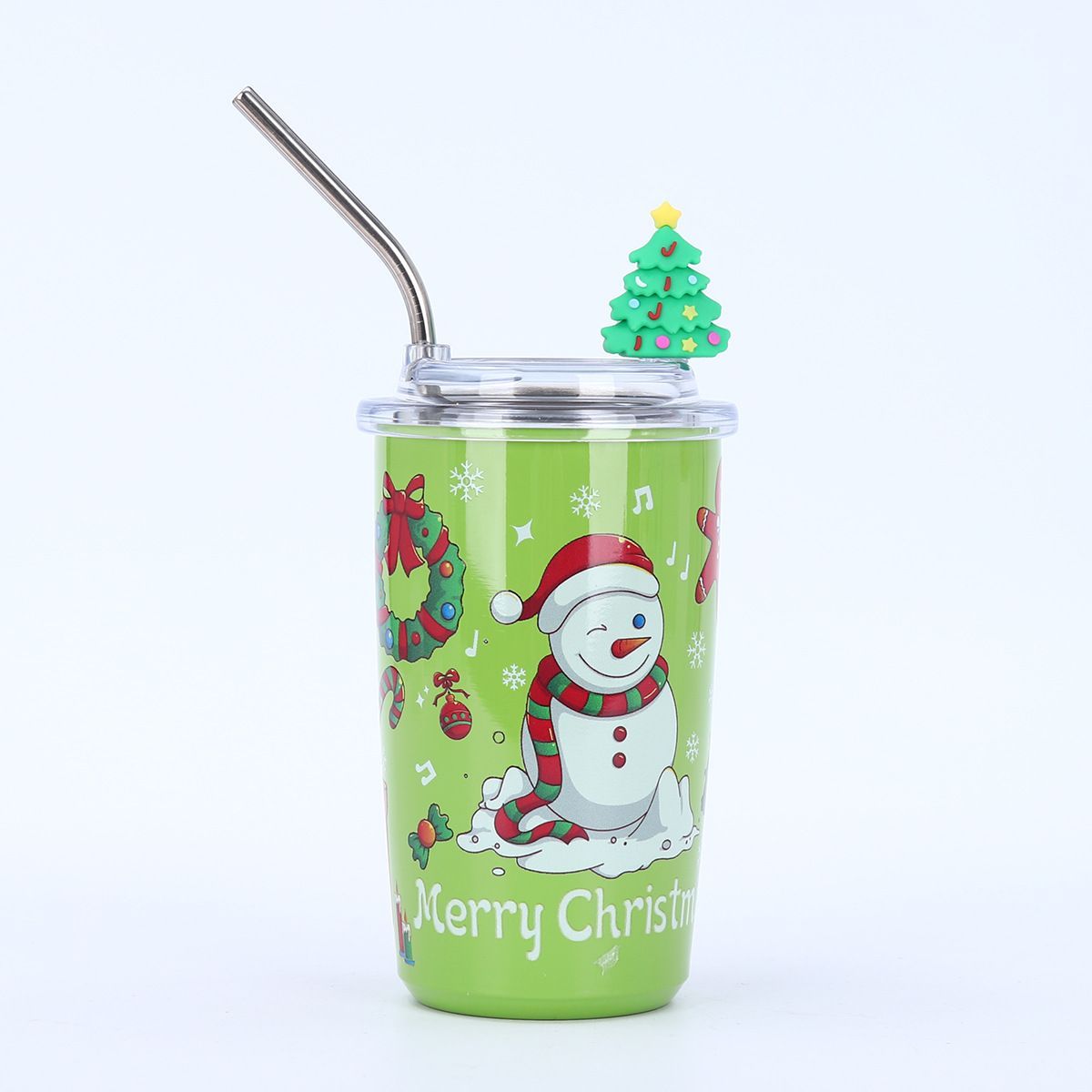 Green 460ml mini Christmas tumbler with metal straw and snowman holiday design