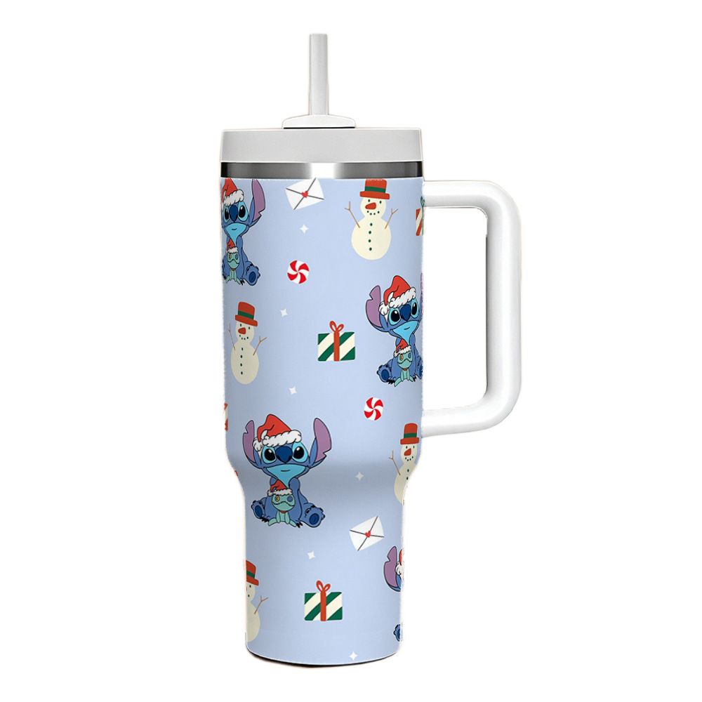 Light blue 40oz Christmas tumbler with handle, straw lid, and custom cartoon holiday UV print