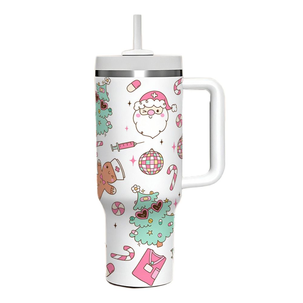 White 40oz Christmas stainless steel tumbler with handle and cute holiday UV printed pattern