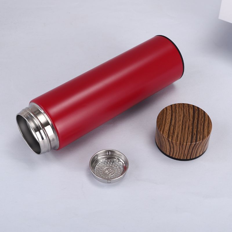 Custom stainless steel vacuum insulated bottle with wood grain lid and tea infuser, red color