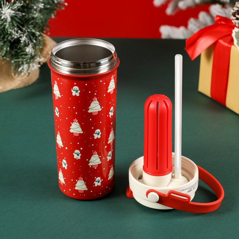 Red 600ml stainless steel Christmas tumbler with tea infuser, straw lid, and removable handle