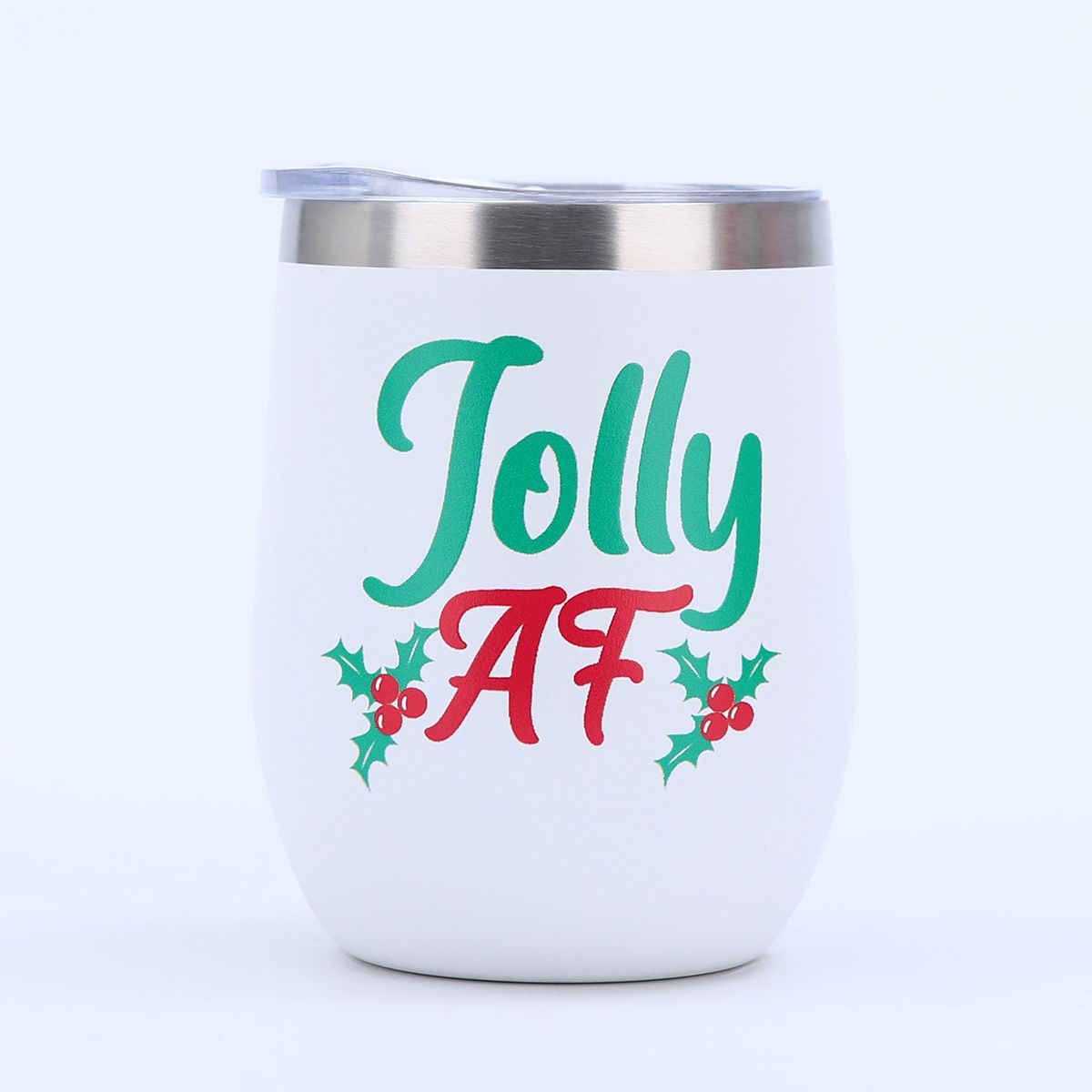 White 12oz stainless steel egg tumbler with Jolly AF Christmas holly print