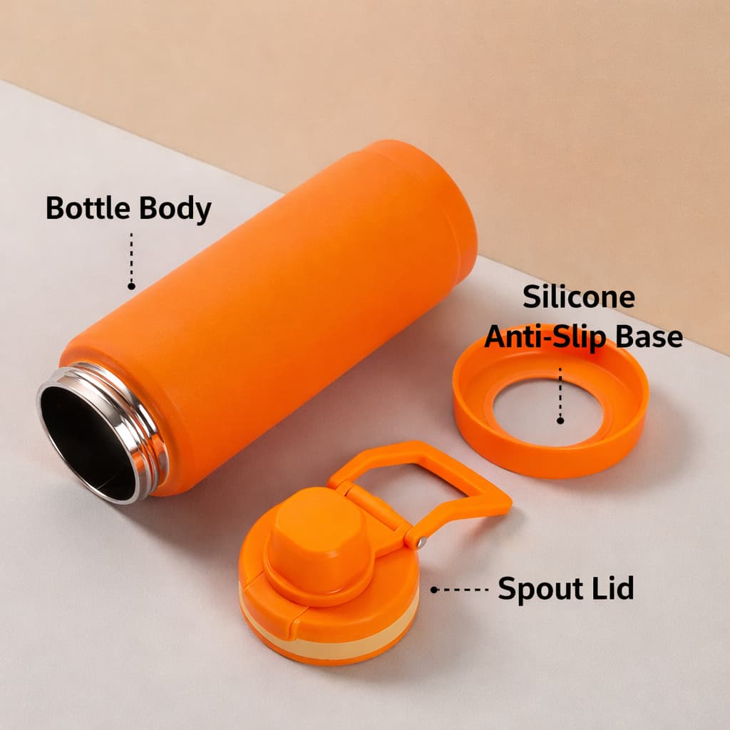 Disassembled orange insulated bottle labeled “Bottle Body,” “Silicone Anti-Slip Base,” and “Spout Lid” on a neutral background