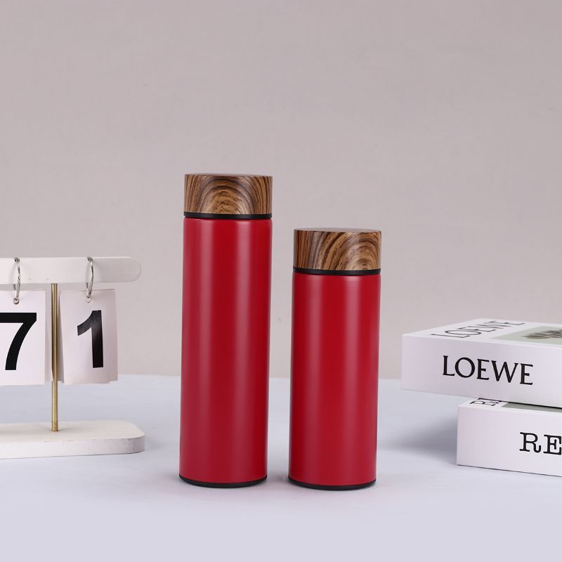 Custom vacuum insulated stainless steel tea bottle with wooden lid, red finish