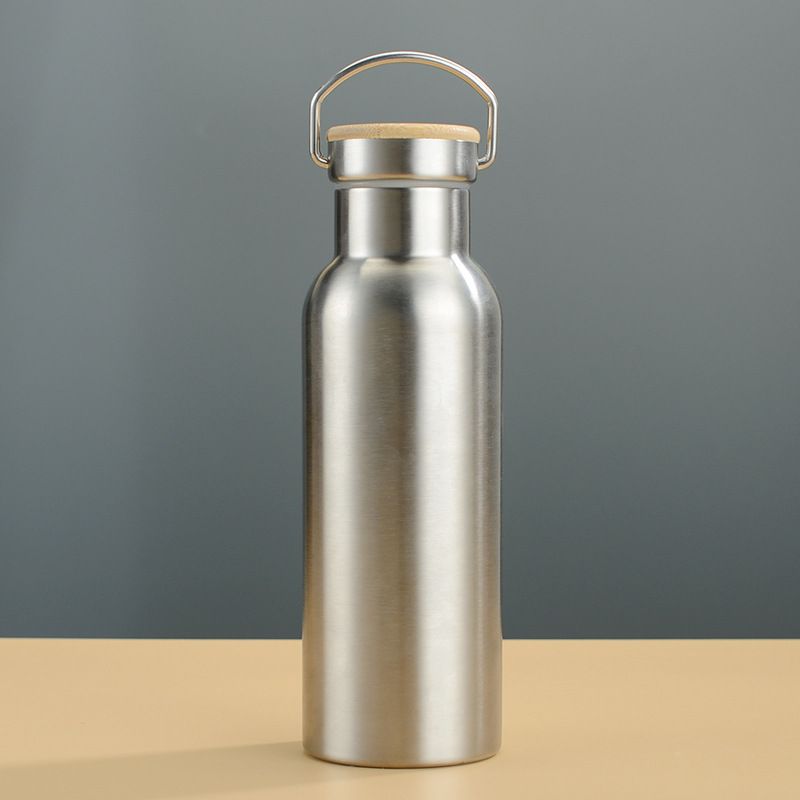 Stainless steel vacuum insulated bottle with wooden lid and carrying handle