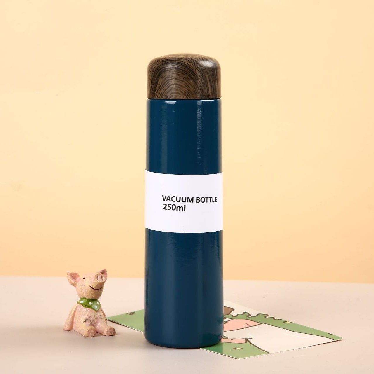 250ml slim vacuum insulated stainless steel bottle with wood grain lid, private label drinkware