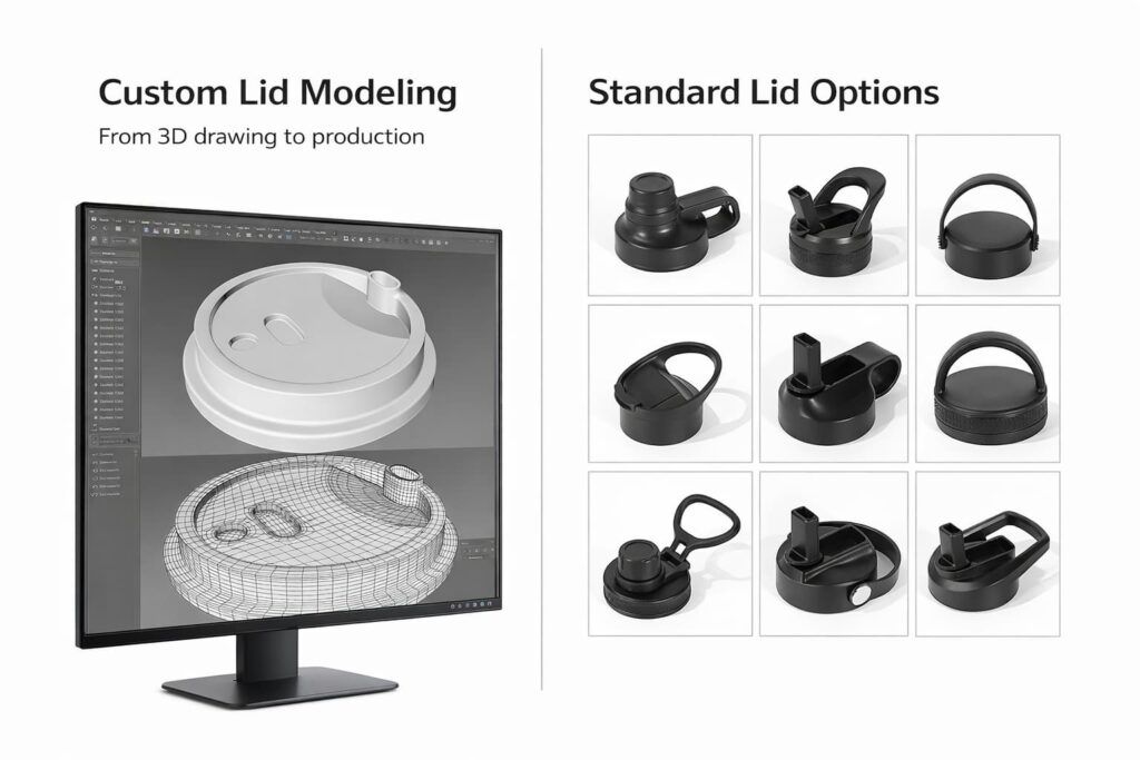OEM insulated drinkware lid capability board showing custom 3D lid modeling and standard lid options grid