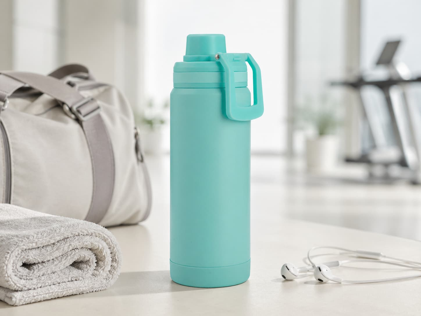 Mint carry-handle spout bottle on a light gym table with towel, sports bag, and earphones