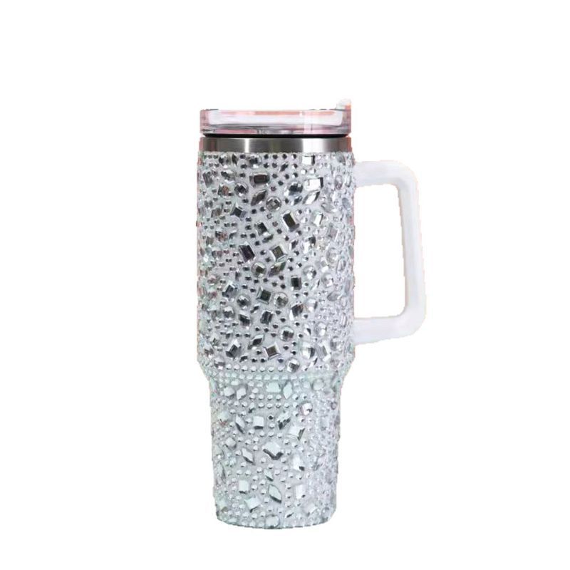 40oz acrylic rhinestone stainless steel insulated tumbler with handle, silver finish